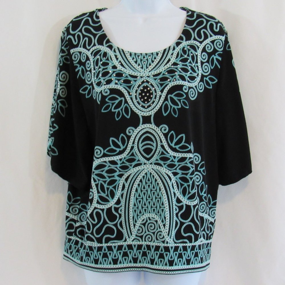 JM COLLECTION Women's Size M, Short Sleeve, Black, Blue Pullover stretch Top